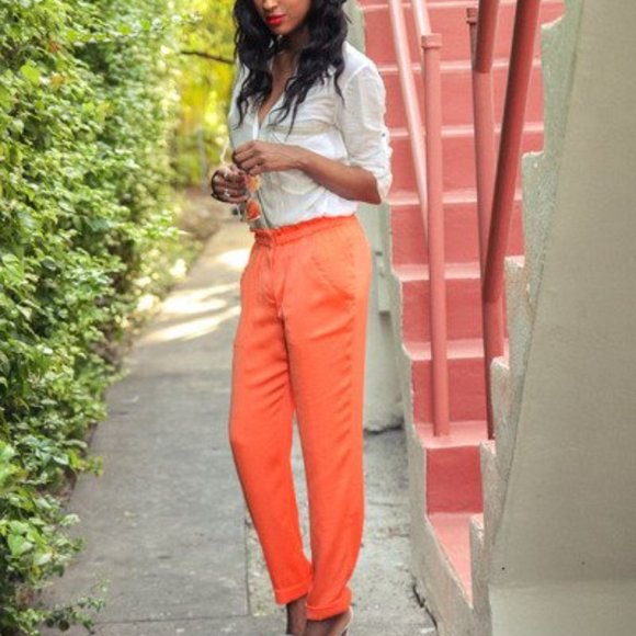 BCBGMaxAzria womens cuffed orange paperbag pants - Picture 2 of 6